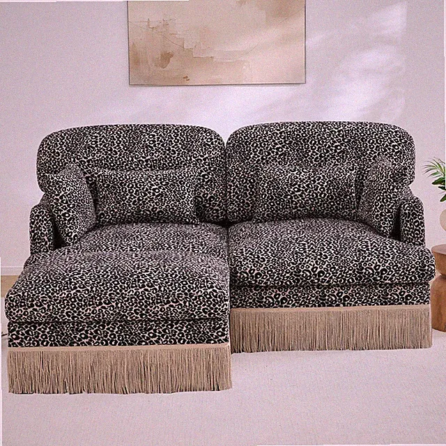 Comfy Chenille Leopard Printing Loveseat Sofa,2 Seater Sectional Couch w/Ottoman