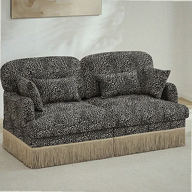 Comfy Chenille Leopard Printing Loveseat Sofa,Delicate Tassel Edge,Modern Fash