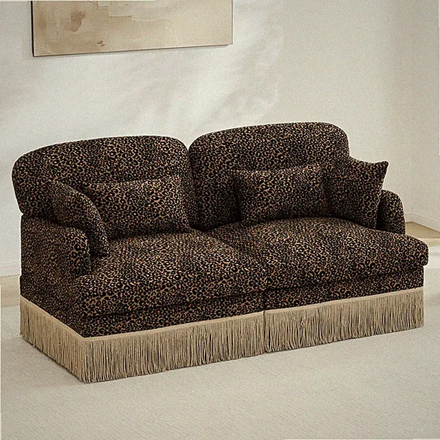 Comfy Chenille Leopard Printing Loveseat Sofa,Delicate Tassel Edge,Modern Fash