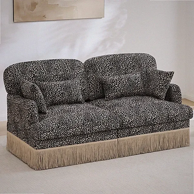 Comfy Chenille Leopard Printing Loveseat Sofa,Delicate Tassel Edge,Modern Fashi