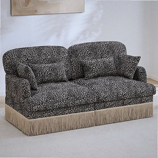 Comfy Chenille Leopard Printing Loveseat Sofa,Delicate Tassel Edge,Modern Fashi