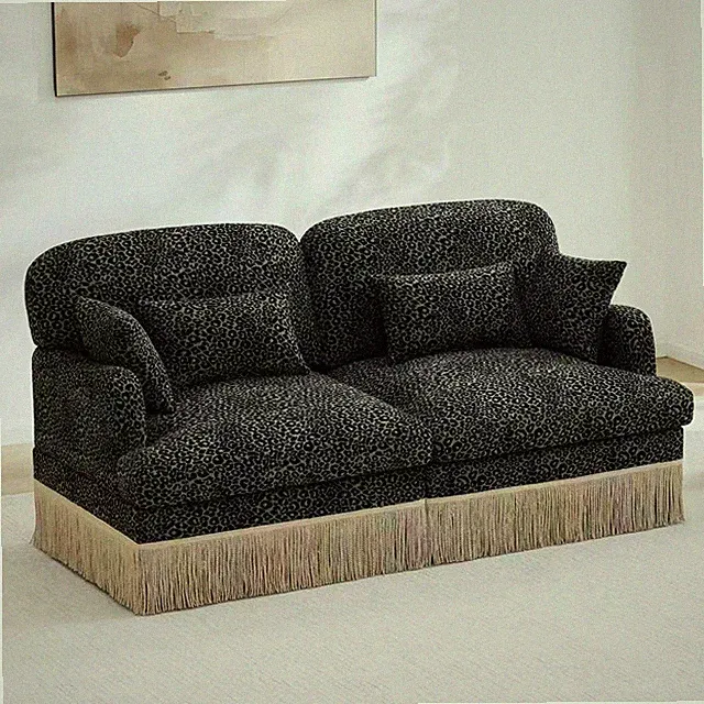 Comfy Chenille Leopard Printing Loveseat Sofa,Delicate Tassel Edge,Modern Fashio