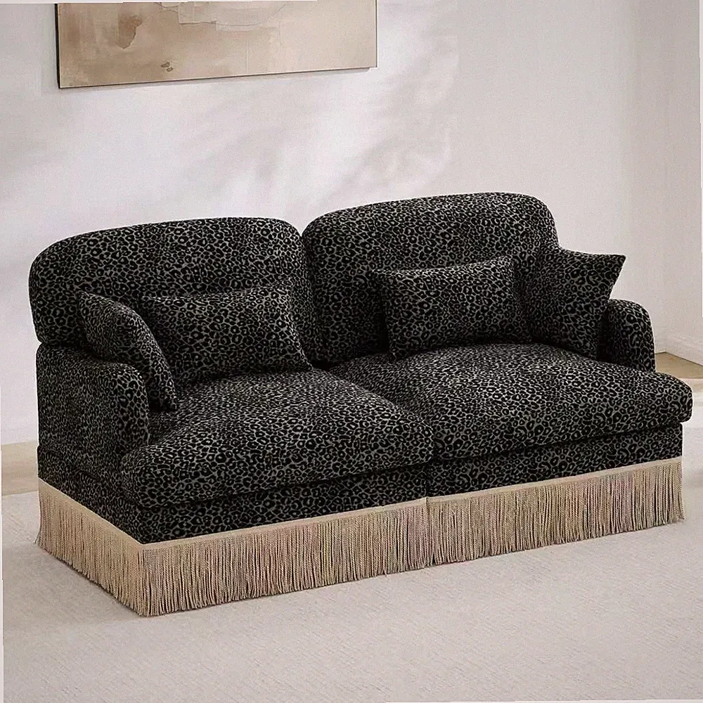 Comfy Chenille Leopard Printing Loveseat Sofa,Delicate Tassel Edge,Modern Fashio