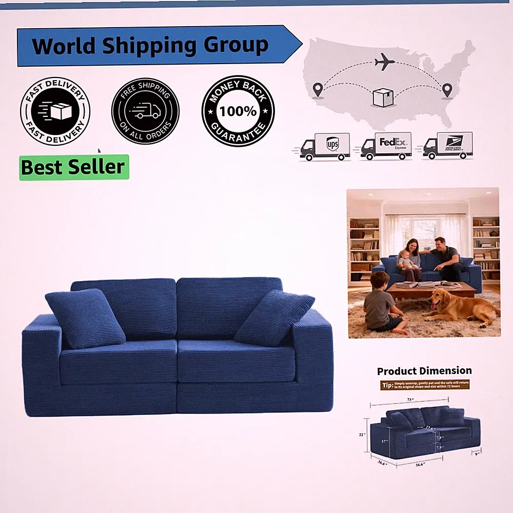 Comfy Cloud Couch: 2-Seater Navy Blue Modular Sectional with High-Density Foam
