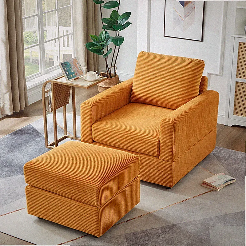 Comfy Corduroy Upholstered Chaise Lounge Sofa Chair w/Ottoman for Living Room
