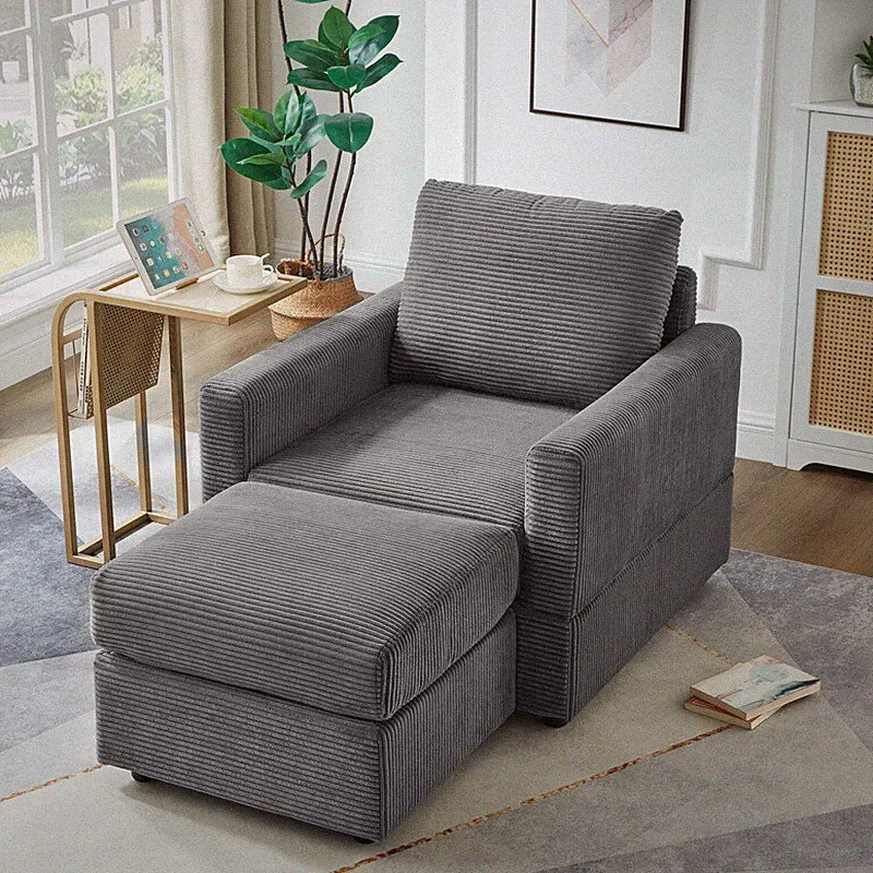 Comfy Corduroy Upholstered Chaise Lounge Sofa Chair w/Ottoman for Living Room