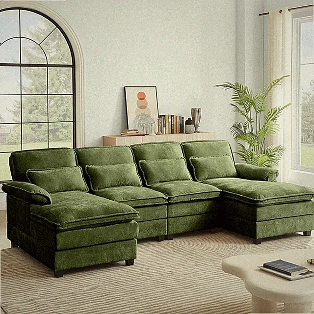 Comfy Green 112" U-Shaped Modular Sofa with Double Chaise for Relaxation
