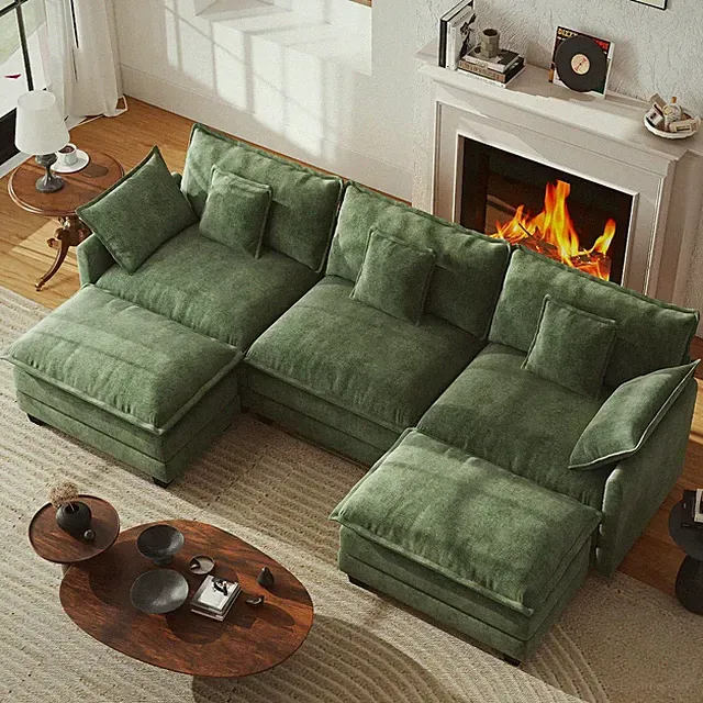 Comfy Green Chenille U-Shaped Modular Cloud Couch with Ottomans - 111.4”