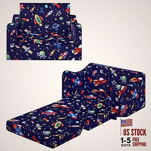 Comfy Kids Couch, 2-in-1 Folding Kids Sofa Bed for Toddler Boys, Space Rockets