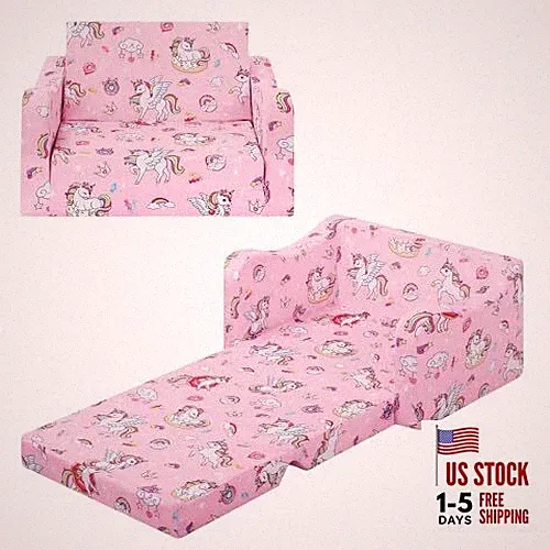 Comfy Kids Couch, 2-in-1 Folding Kids Sofa Bed for Toddler Unicorns Candies