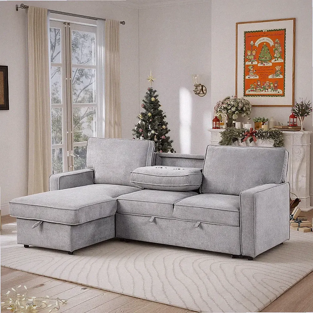 Comfy L-Shaped Chenille Sofa Bed, L-Shaped Reversible Sleeper Sectional Sofa wit