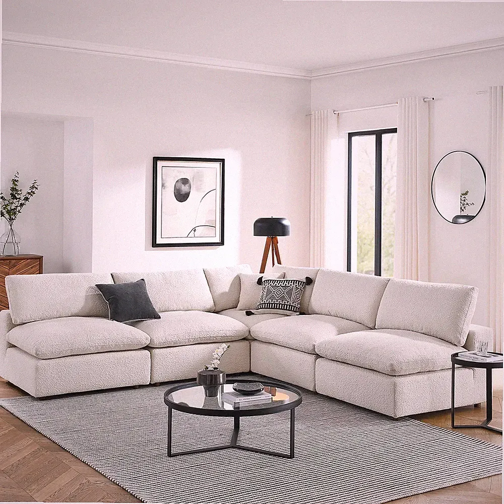 Commix5-Piece Down Filled Overstuffed Boucle Fabric Sectional Sofa in Ivory