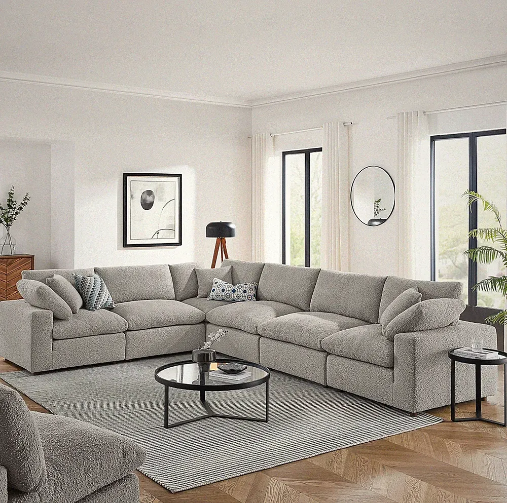 Commix6-Piece Down Filled Overstuffed Boucle Fabric Sectional Sofa in Light Gray
