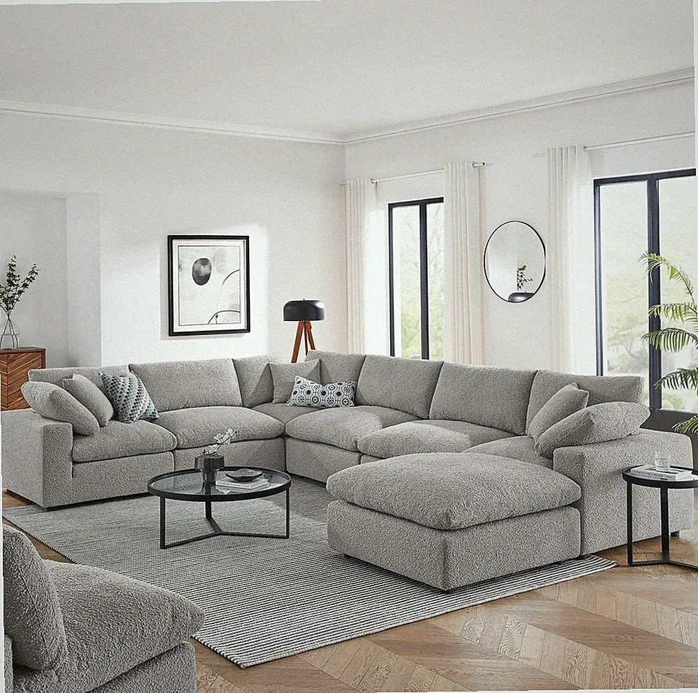 Commix7-Piece Down Filled Overstuffed Boucle Sectional Sofa in Light Gray