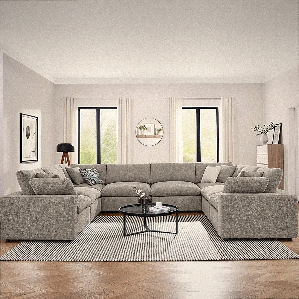 Commix8-Piece Down Filled Overstuffed Boucle Fabric Sectional Sofa in Light Gray