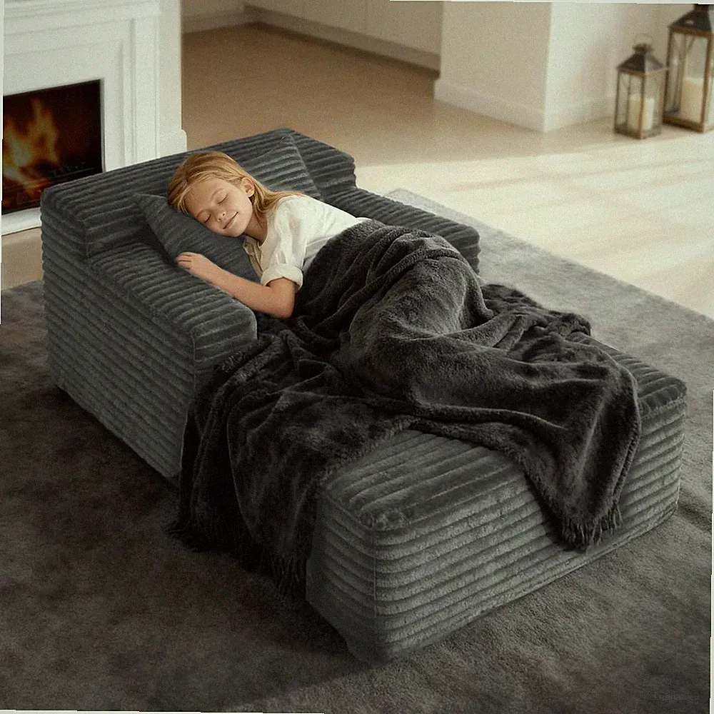 Compact 45'' Chaise Lounge Chair - Cozy Corduroy Sofa Bed in Dark Grey