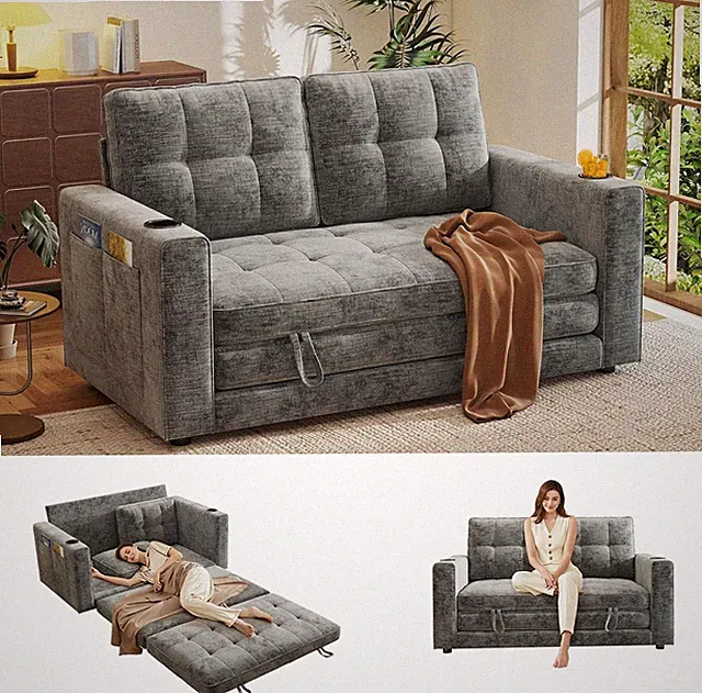 Compact 55" Grey Chenille Convertible Sofa Bed with Cup Holder & Pillow