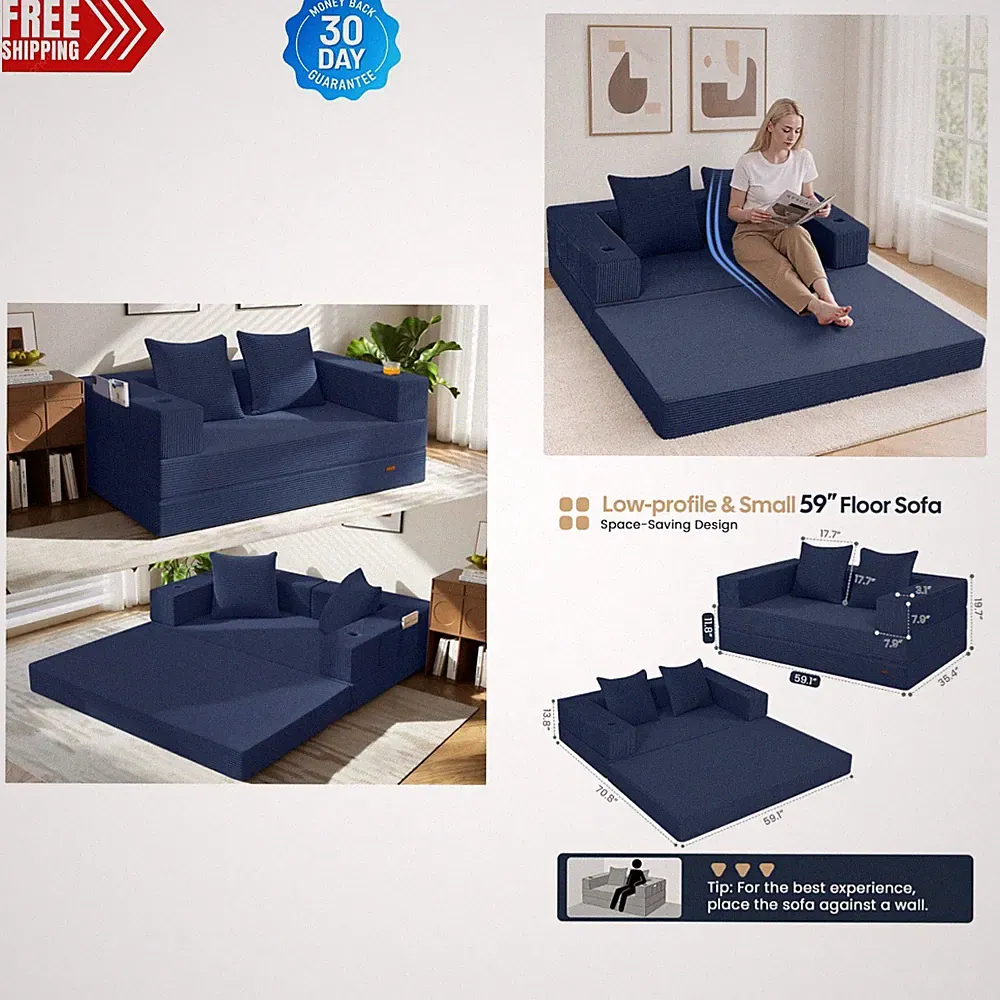 Compact 59" Navy Sofa Bed - Easy to Convert Floor Couch for Modern Living Spaces