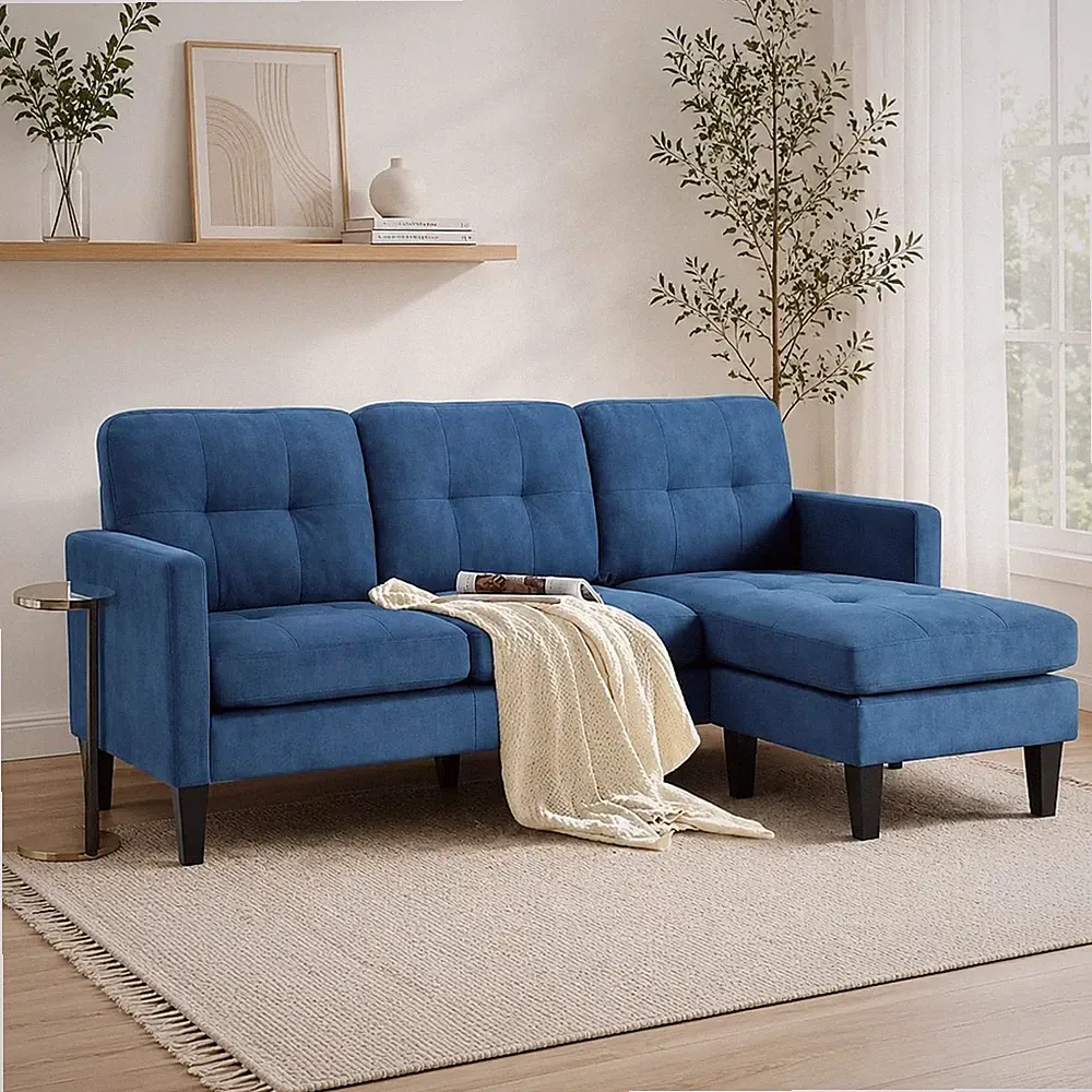 Compact 74'' L Shaped Couch with Chaise & Movable Ottoman - Blue