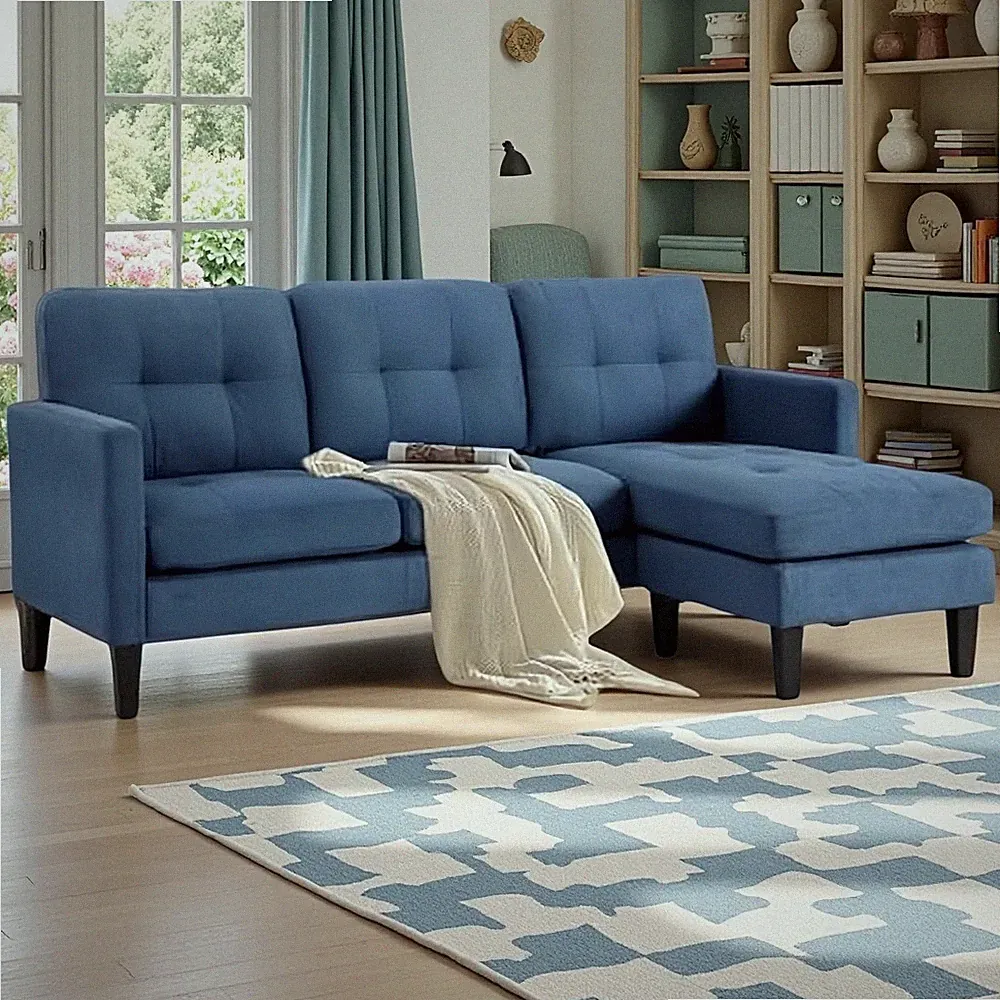 Compact 74'' L-Shaped Couch with Chaise & Ottoman for Small Spaces, Blue