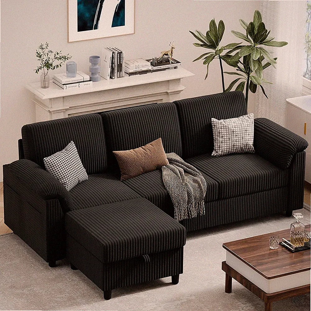Compact 79" L-Shaped Sofa with Storage Ottoman - Black for Small Spaces