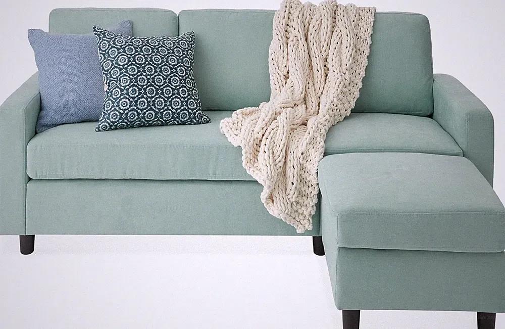 Compact Aqua Upholstered Sectional Sofa with Reversible Ottoman & Chaise Lounge