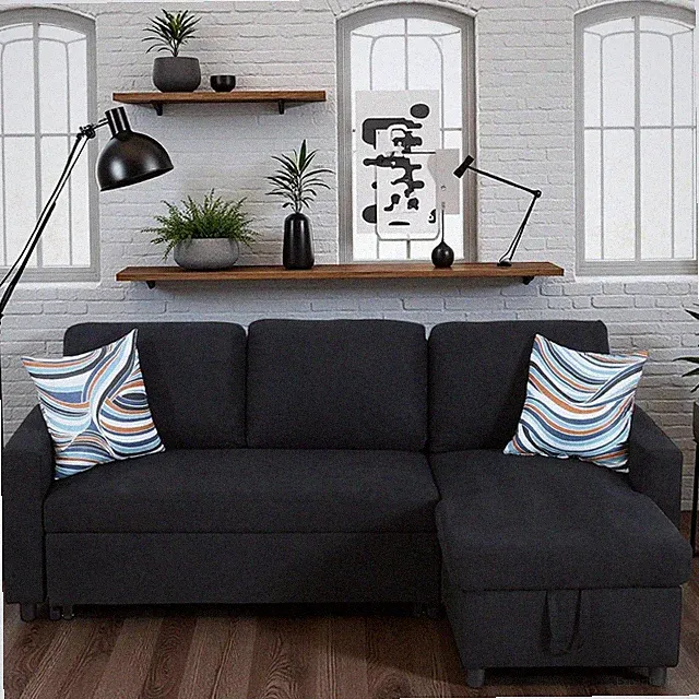 Compact Black Sleeper Sofa with Storage Chaise - 2 in 1 Pullout Bed