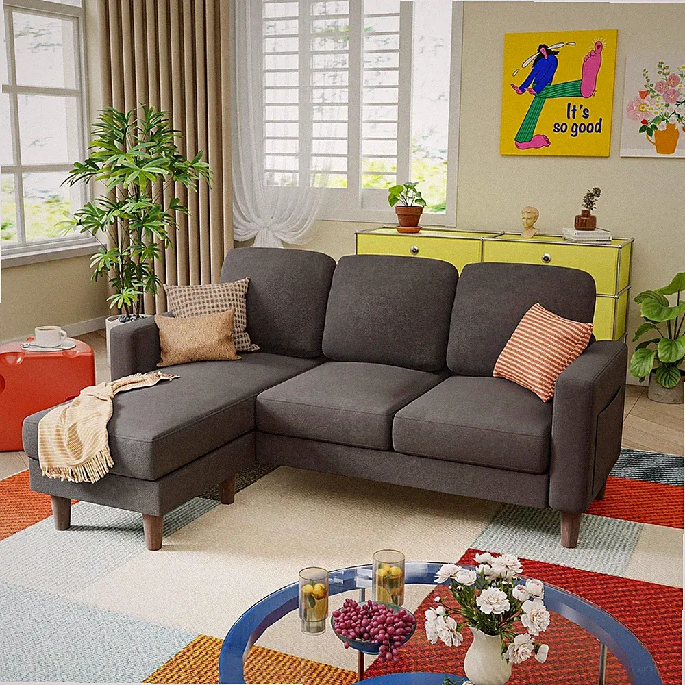 Compact Dark Grey L-Shaped Sofa with Movable Ottoman for Small Spaces