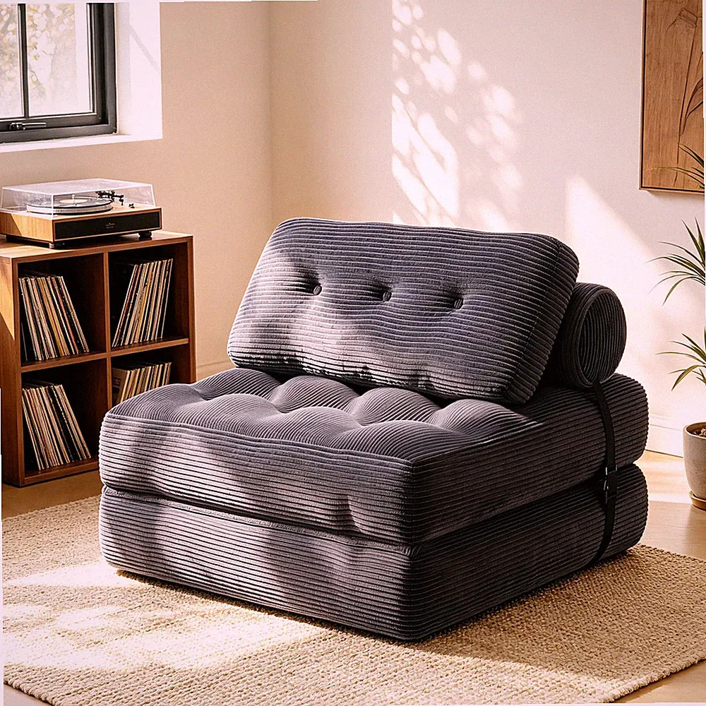 Compact Folding Sofa Bed with Soft Corduroy & Foam for Small Spaces - Grey