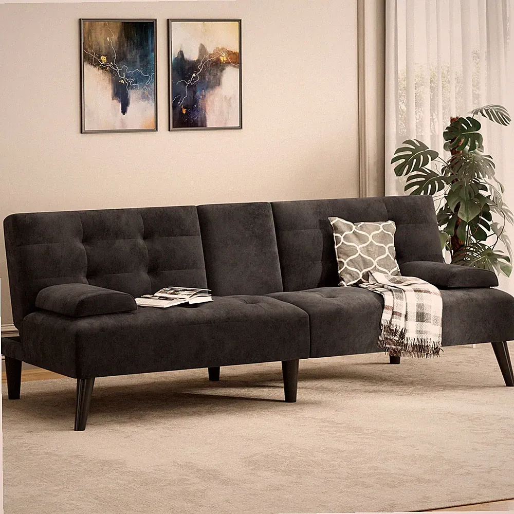 Compact Futon Sofa Bed 64" 3-Position Recliner Armrests Cup Holder Black Velvet