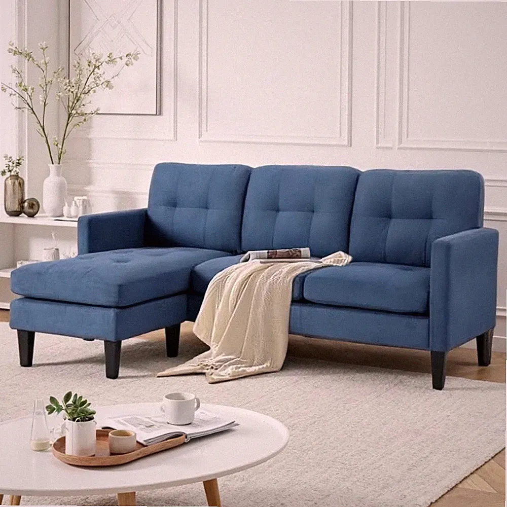 Compact L-Shape Sleeper Sofa with Movable Ottoman - Blue Sectional Couch