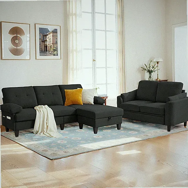 Compact L-Shaped 3-Seat Sofa with Storage Ottoman & Loveseat - Black