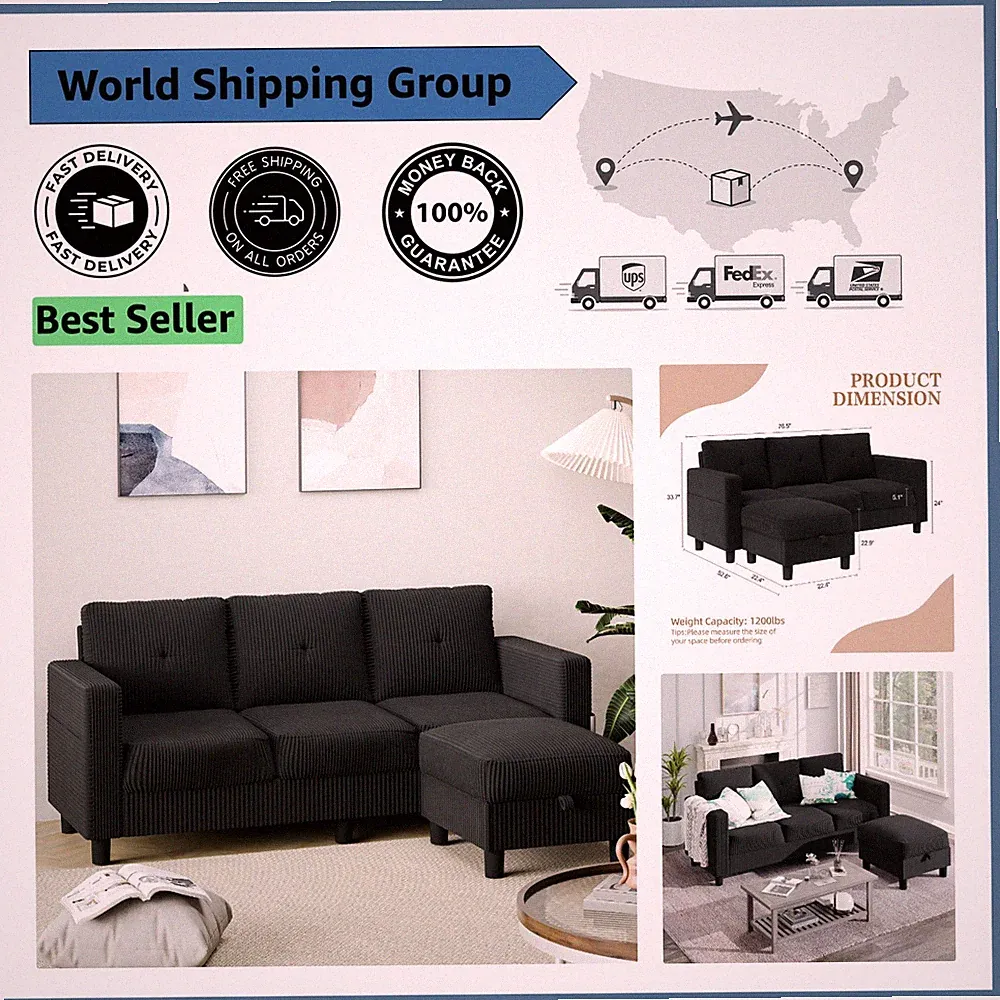 Compact Modern L-Shaped Couch with Storage Ottoman for Stylish Living Rooms