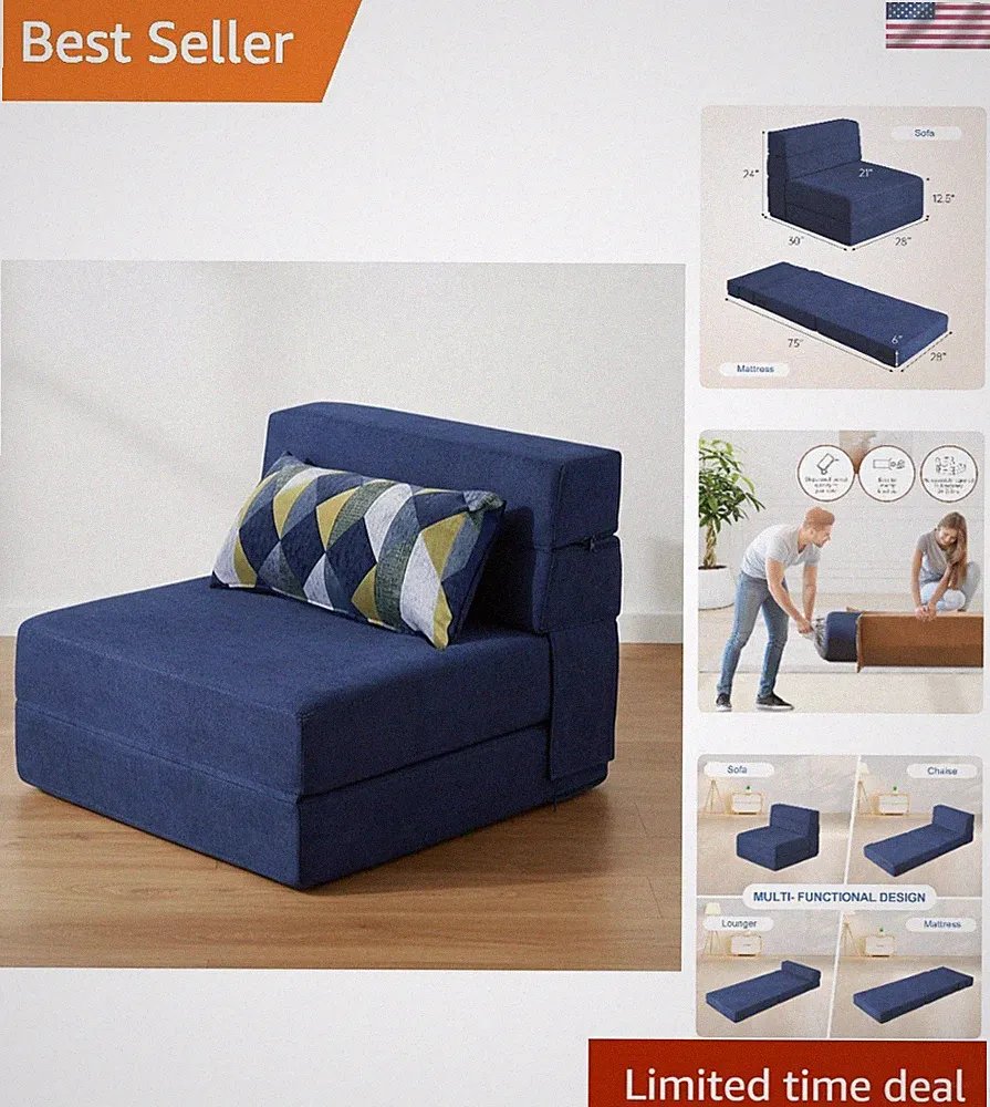 Compact Single Size Memory Foam Sofa Bed - Stylish Dark Blue Convertible Chair