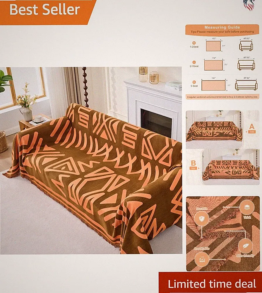 Compat Sofa Cover Sectional Couch Cover Chenille Geometric Washable Orange