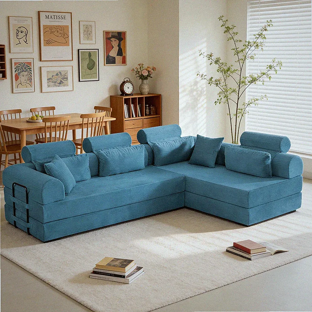 Compressed Sofa Bed, L-Shape Sectional w/ Chaise for Small Spaces, No Assembly