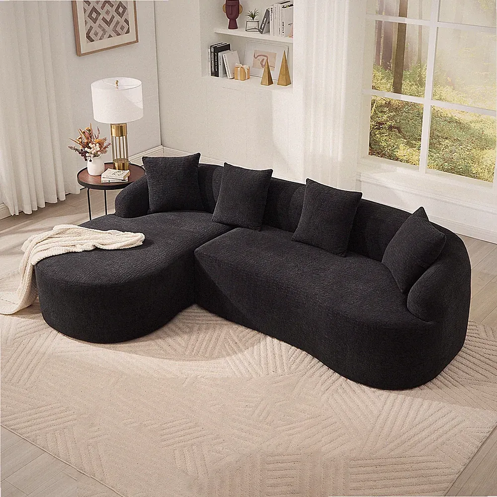 Compression L-Shape Sectional Sofa w/Curved Chaise,Black Modular Chenille Bonele