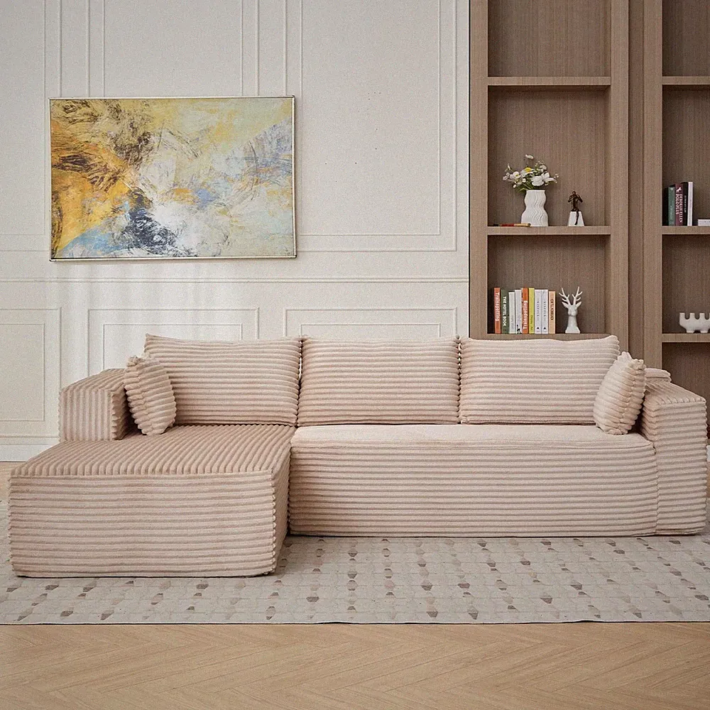 Beige Compression Sectional Couch W/ Chaise | L-Shape Sleeper Sofa | Corduroy