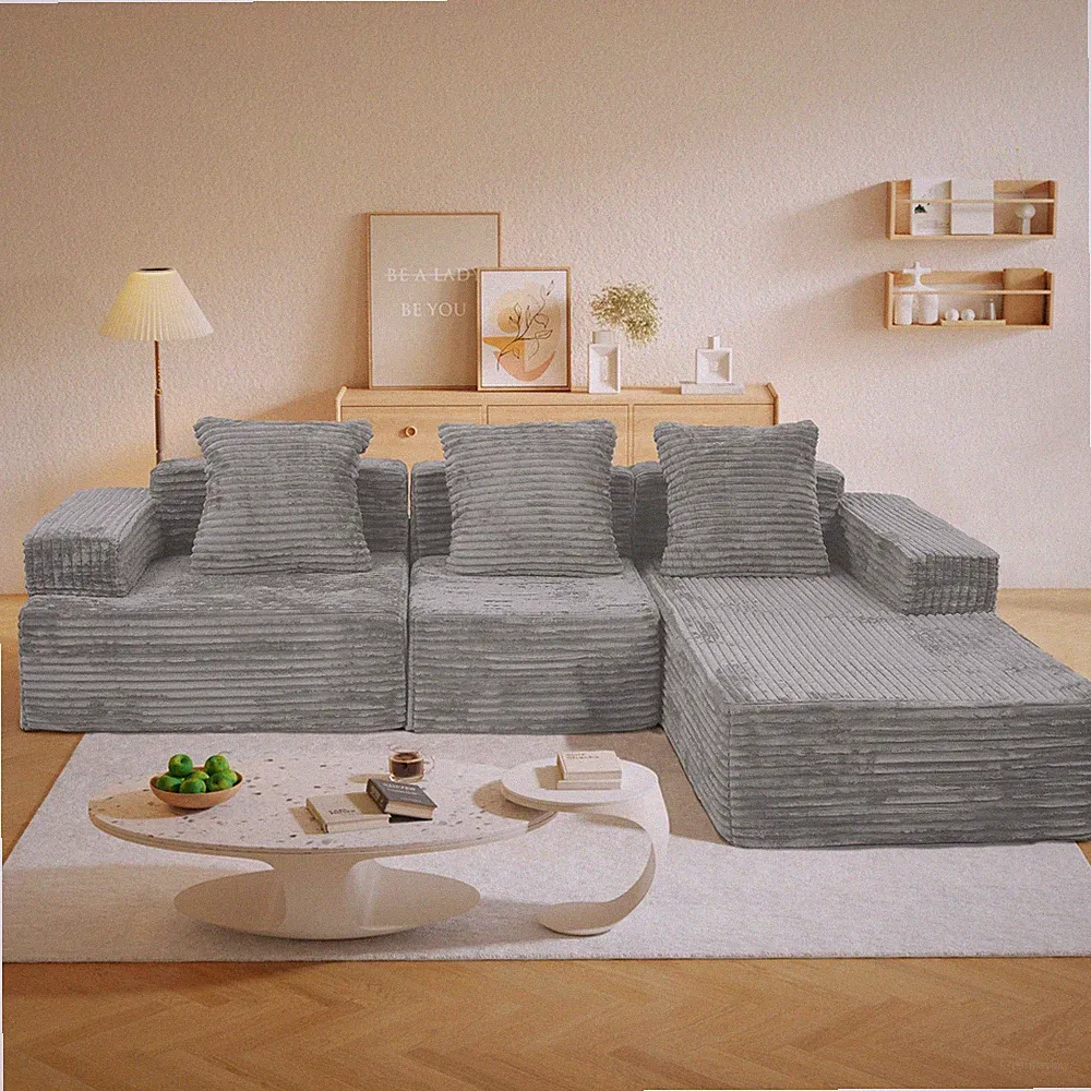 Compression Sectional Couch with Comfy Chaise, Boneless L Shape Sofa with Deep
