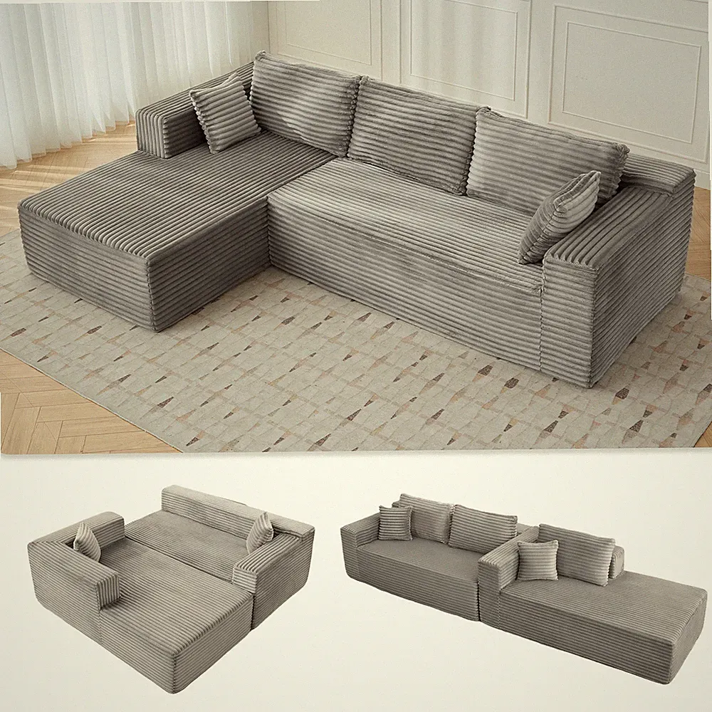 Compression Sectional Couch With Comfy Chaise, Boneless L Shape Sofa With Deep S