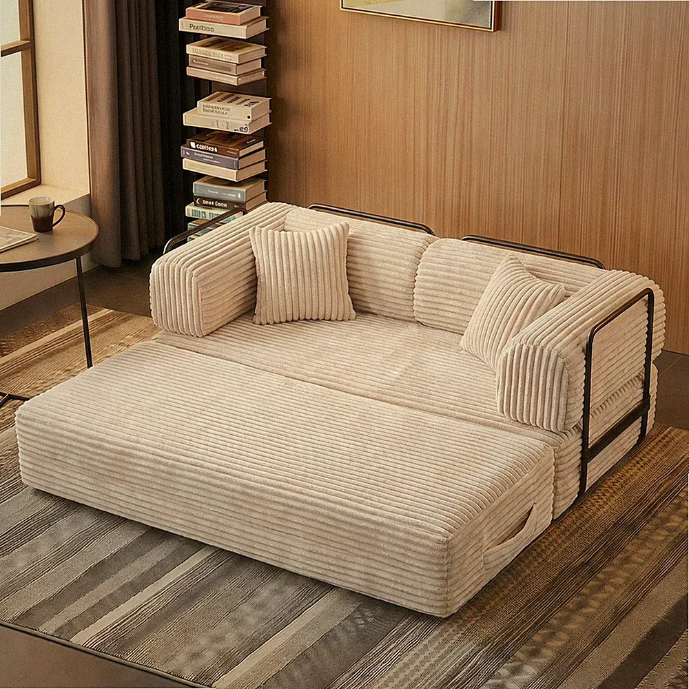 Compression Sofa Convertible Floor Sleep Bed Modular Sectional Corduroy Beige