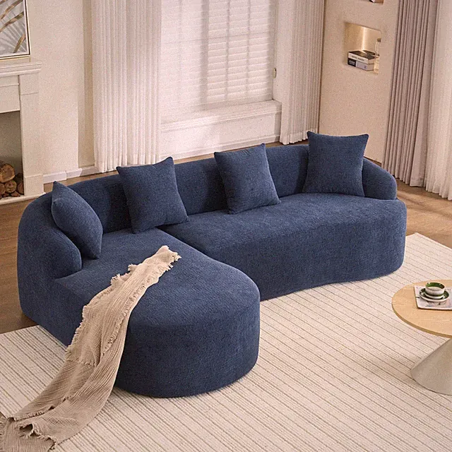 Compression Sponge L-Shape Sectional Sofa with Curved Chaise, Blue Modular Che