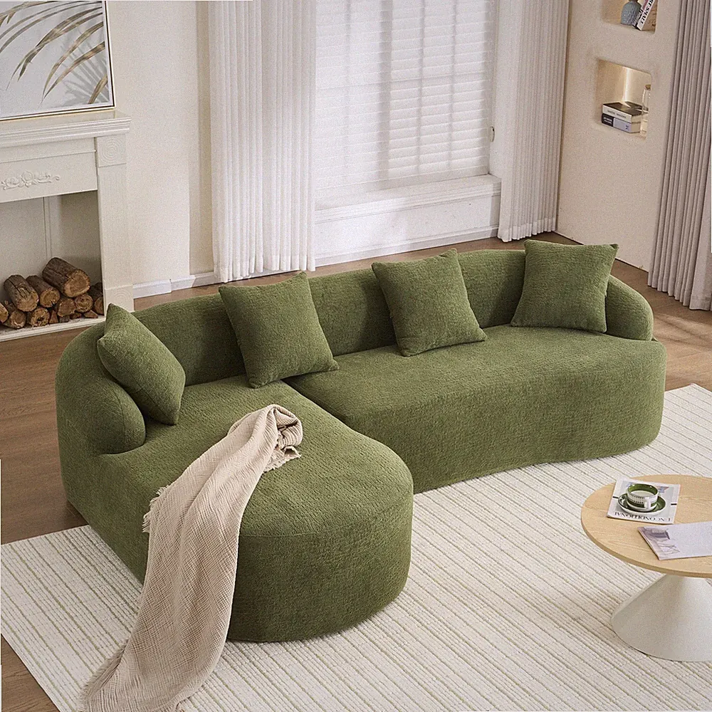 Compression Sponge L-Shape Sectional Sofa with Curved Chaise, Green Modular Ch