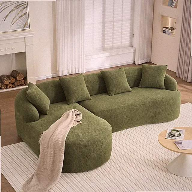 Compression Sponge L-Shape Sectional Sofa with Curved Chaise, Green Modular Che