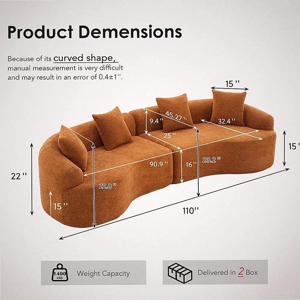 Compression Sponge Sofa Orange Curved Modular Sectional,30D High-Density Chenill