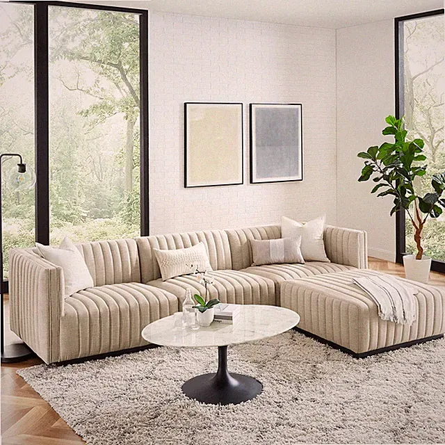 Conjure4-Piece Channel Tufted Upholstered Fabric Sectional Sofa in Black Beige