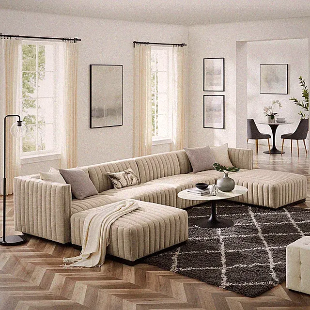 Conjure6-Piece Channel Tufted Upholstered Fabric Sectional Sofa in Black Beige