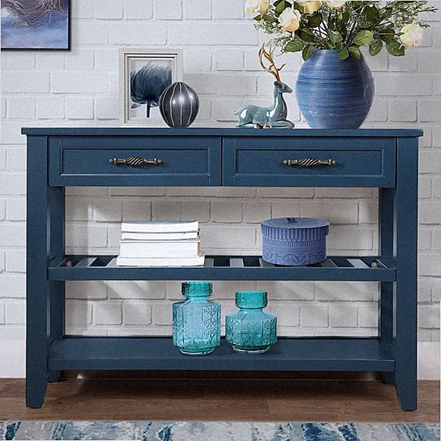 Console Sofa Table with 2 Storage Drawers and 2 Tiers Shelves, Mid-Century Style