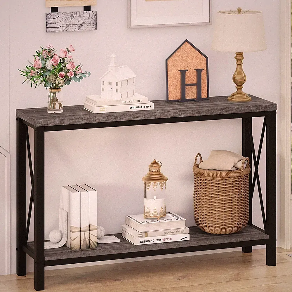 Console Tables for Living Room, Industrial Couch Table Behind Sofa, Wood Meta...