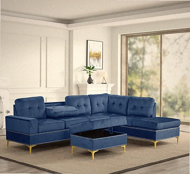 Contemporary 3pc Sofa Sectional Ottoman Set Blue Velvet Fabric Upholstery Gold